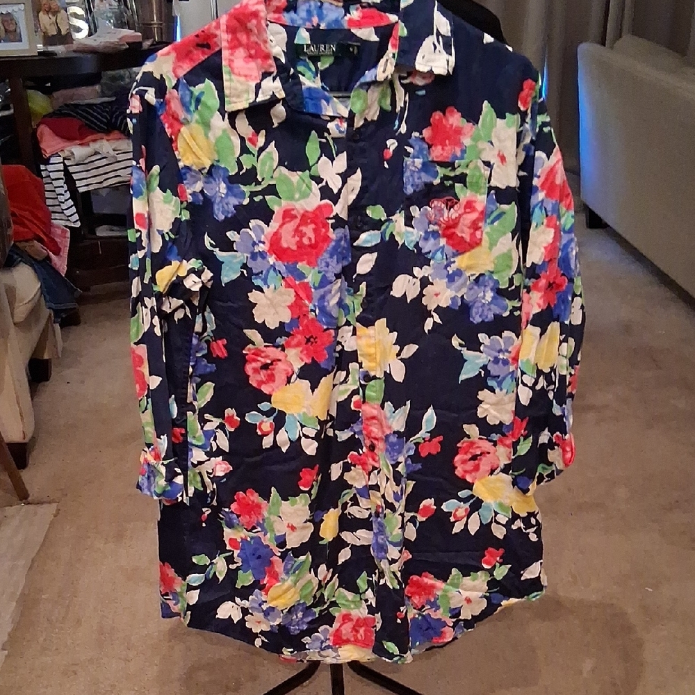 Ralph Lauren Women's Button Down Shirt - Navy with Floral Print